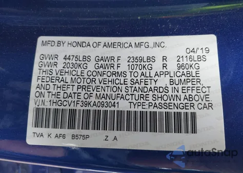 2019 Honda Accord Sport из США, поврежденный, VIN 1HGCV1F39KA093041